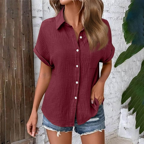 Coorders Womens Tops Clearance under $10, V Neck Collared Button Down Shorts Sleeve Shirts, #1-WineSize, XL