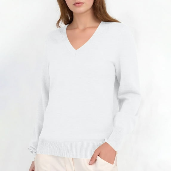 Coorders Womens V Neck Sweater with Long Sleeve,Casual Fit Womens Soft Knit Tops,Women's Plus White,Size M