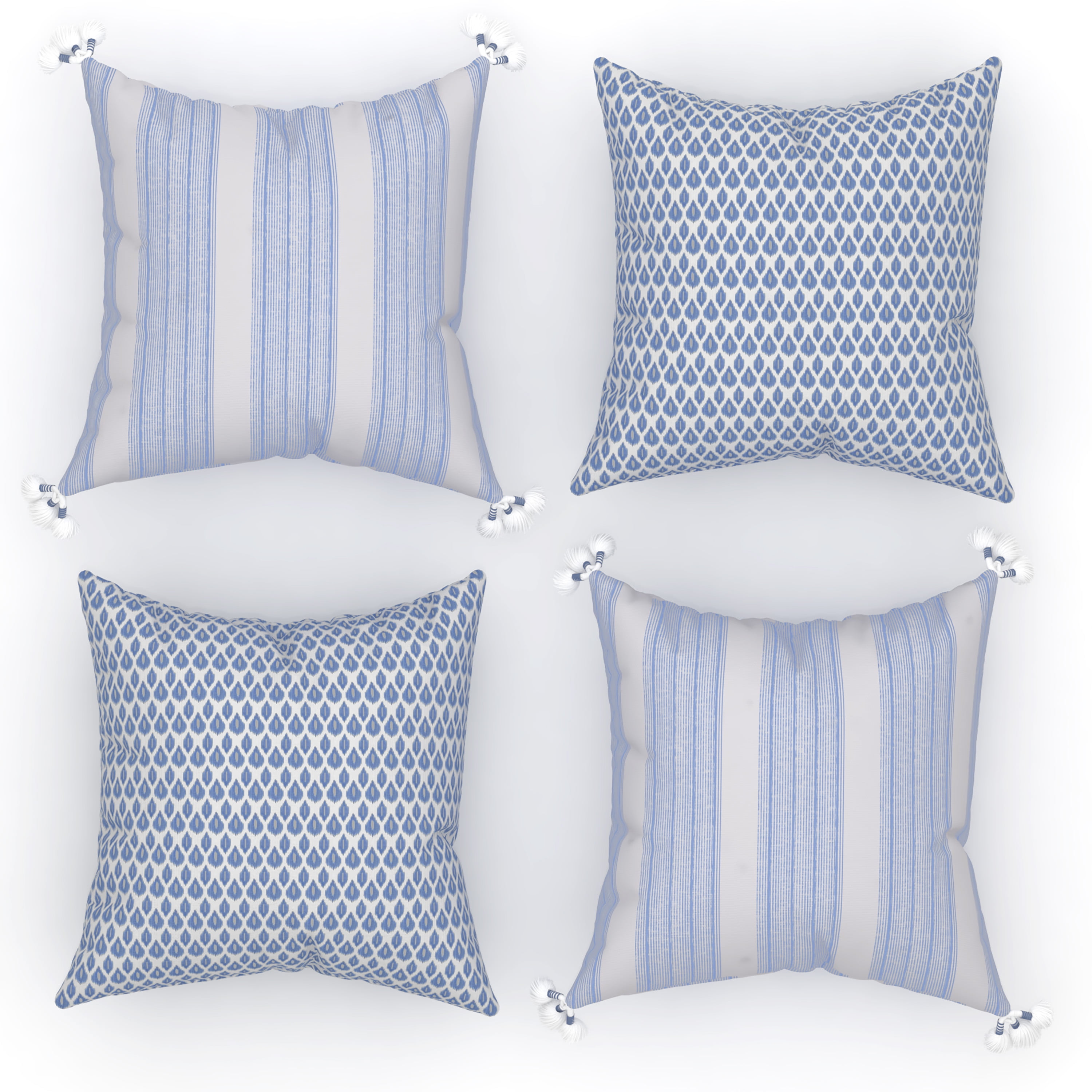 Coordinating Decorative Throw Pillow Covers, Square, 18 x 18, Blue, Set  of 4, Stripes and Geometric Patterns with Tassels for Living Room, Bed, and