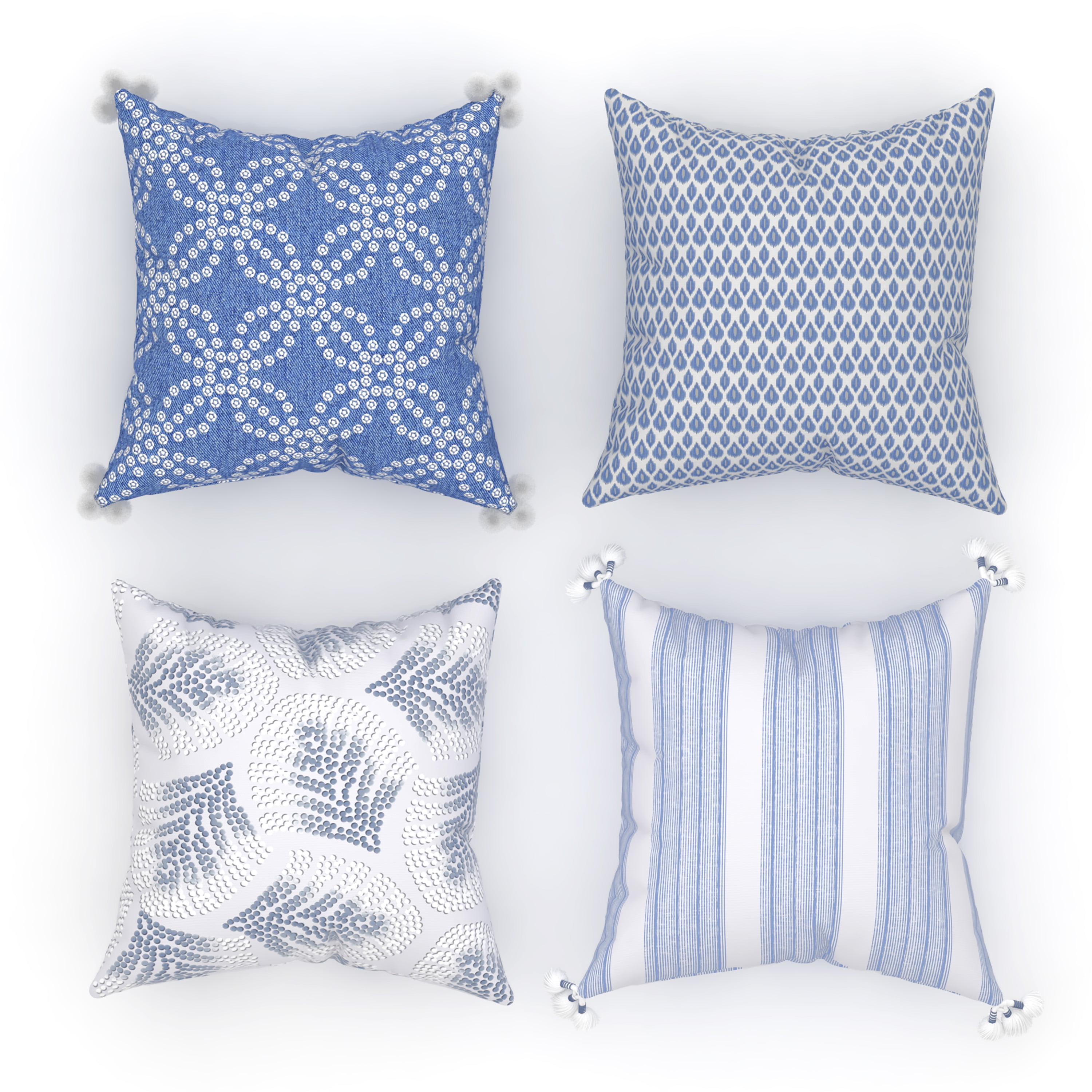 Coordinating Decorative Throw Pillow Covers, Square, 18 x 18, Blue, Set  of 4, Stripes and Geometric Patterns with Tassels for Living Room, Bed, and