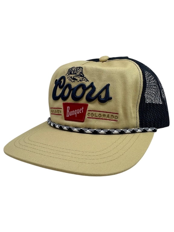 Banquet Beer Men's Trucker Hat Embroidered Golden Colorado Snapback Cap (Washed Tan/Navy)