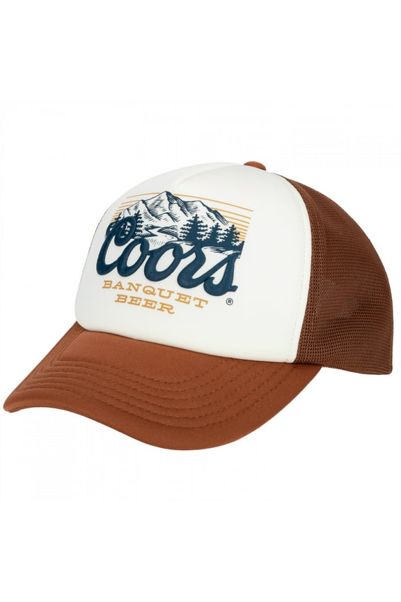 Banquet Beer Men's Trucker Hat 3D Puff Print Logo Snapback Cap (Brown/Off White)