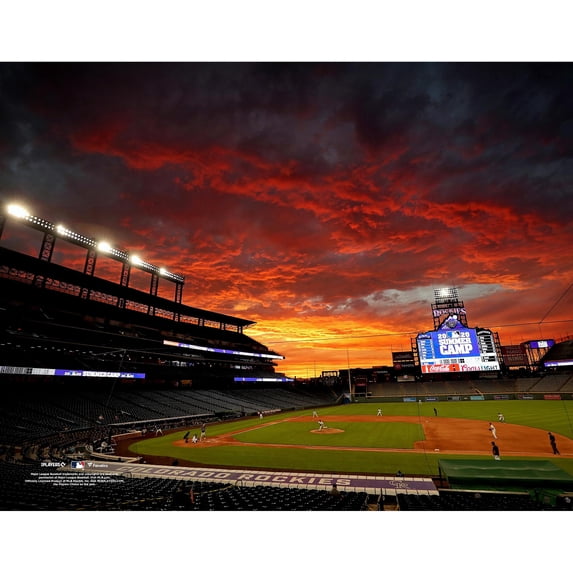 Colorado Rockies Unsigned Coors Field Nighttime Sunset Baseline View Photograph