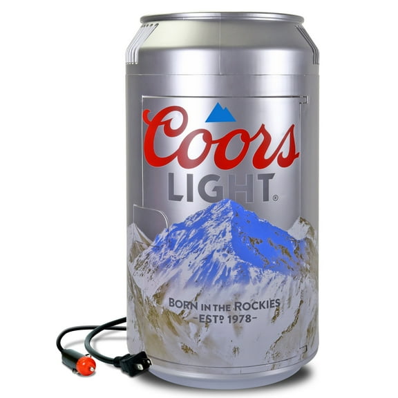 Coors Light 8 Can Portable Mini Fridge 12V DC and 110V AC Cords, 5.4L (5.7 qt) Beer Can Shaped Personal Cooler, Silver, Travel Fridge for Beer