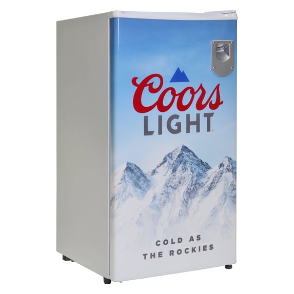 Coors Light Compact Fridge w/ Bottle Opener, 3.2 cu ft (90L), White, Space-Saving Flat Back Design, Reversible Door, Tempered Glass Shelves, Licensed Coors Light Artwork, Perfect for Beer-Lovers