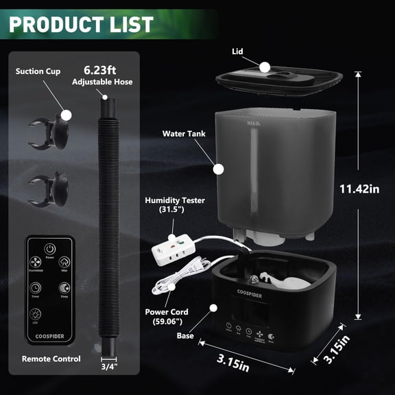 Coospider Humidifier for Indoor Plants, Top Fill Humidifier with Timer Humidity Control, Cool Mist Humidifiers for Houseplants, Grow Room, Mushroom, Bedroom, Greenhouse, Grow Tent (5L /1.32Gal)