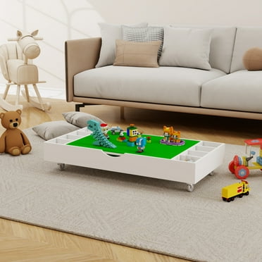 Coowa 2-in-1 Under Bed Rolling Play Table & Storage Organizer for Kids, 38" x 18.7" x 5.9"Compatible with Lego Bricks, Compact Activity Table for Bedroom or Sofa Space, White