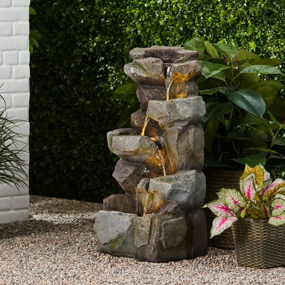 Coowa 34 Inch Outdoor Water Fountain with LED Lights, Faux Stone Four Tier Stacked Rock Design in Stone Gray, Weather Resistant for Garden and Patio
