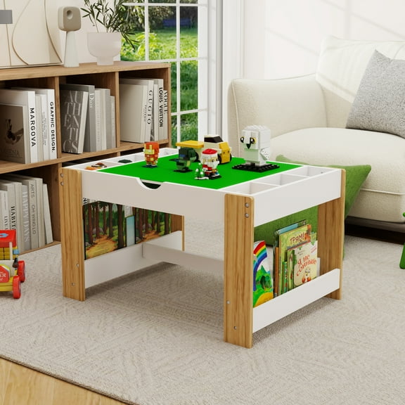 Coowa Kids 2-in-1 Activity Table with 7 Storage Areas, Compatible with LEGO Bricks, Multi-Functional Learning & Play Furniture for Bedroom or Playroom, Modern Design, White