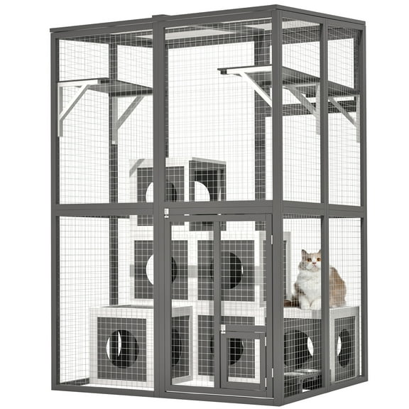 Coowa Outdoor Wooden Cat Catio Large Solid Wood Cat Cage Playpen with 2 Jumping Platforms and 7 Napping Houses Grey