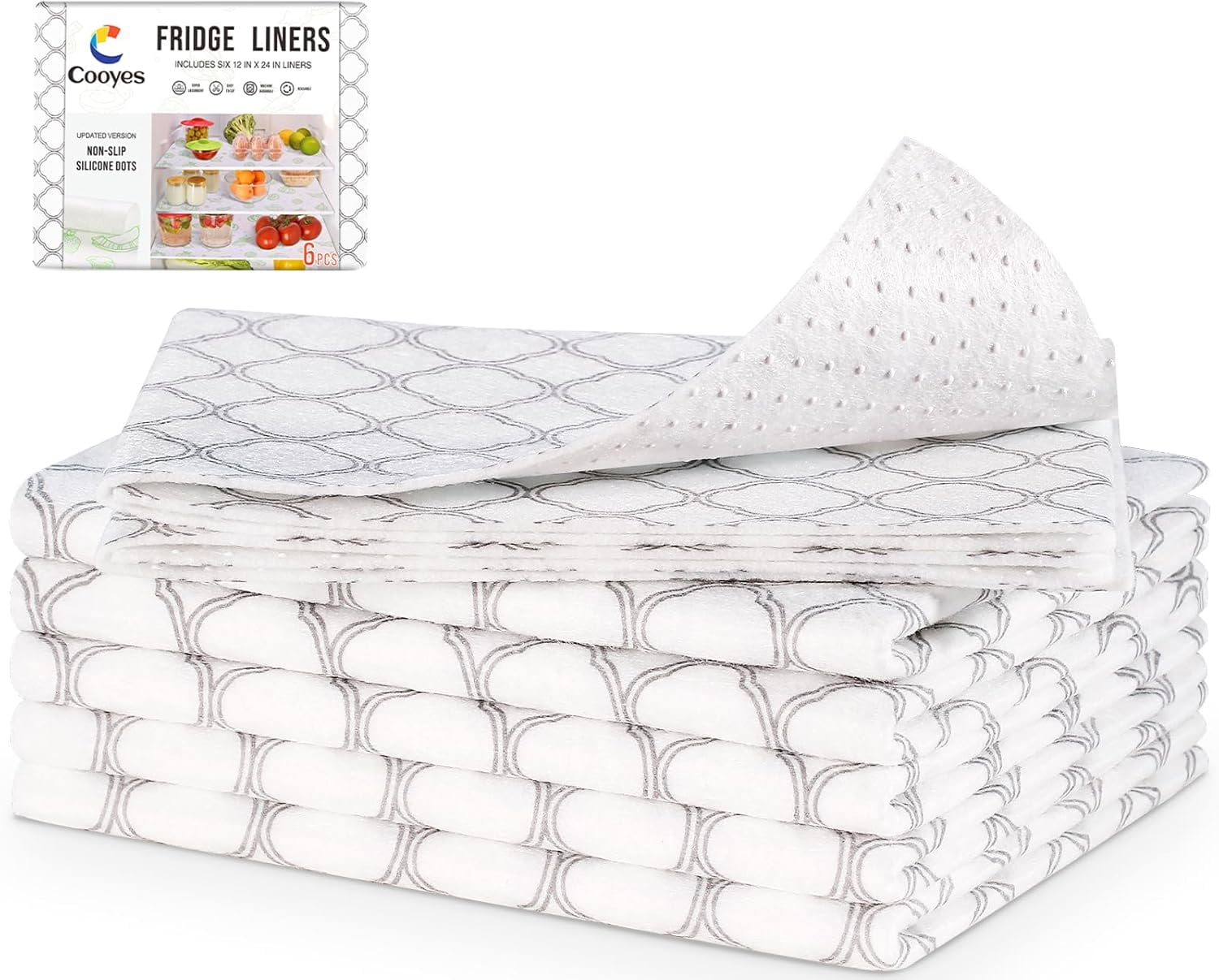 Cooyes Non Slip Refrigerator Liners, 2-in-1 Fridge Mats and Fresh-Keeping Shelf Absorbs Excess Moisture, BPA-Free, Multiple Sizes for Glass Shelves Kitchen Cabinets Drawers, 6 Pack, 12" × 24"