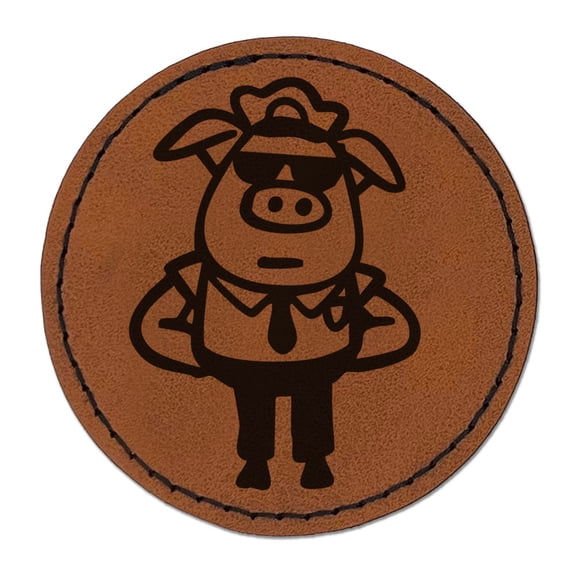 Cop Police Officer Pig Hog Round Iron-On Engraved Faux Leather Patch Applique - 2.5 Inch - Brown