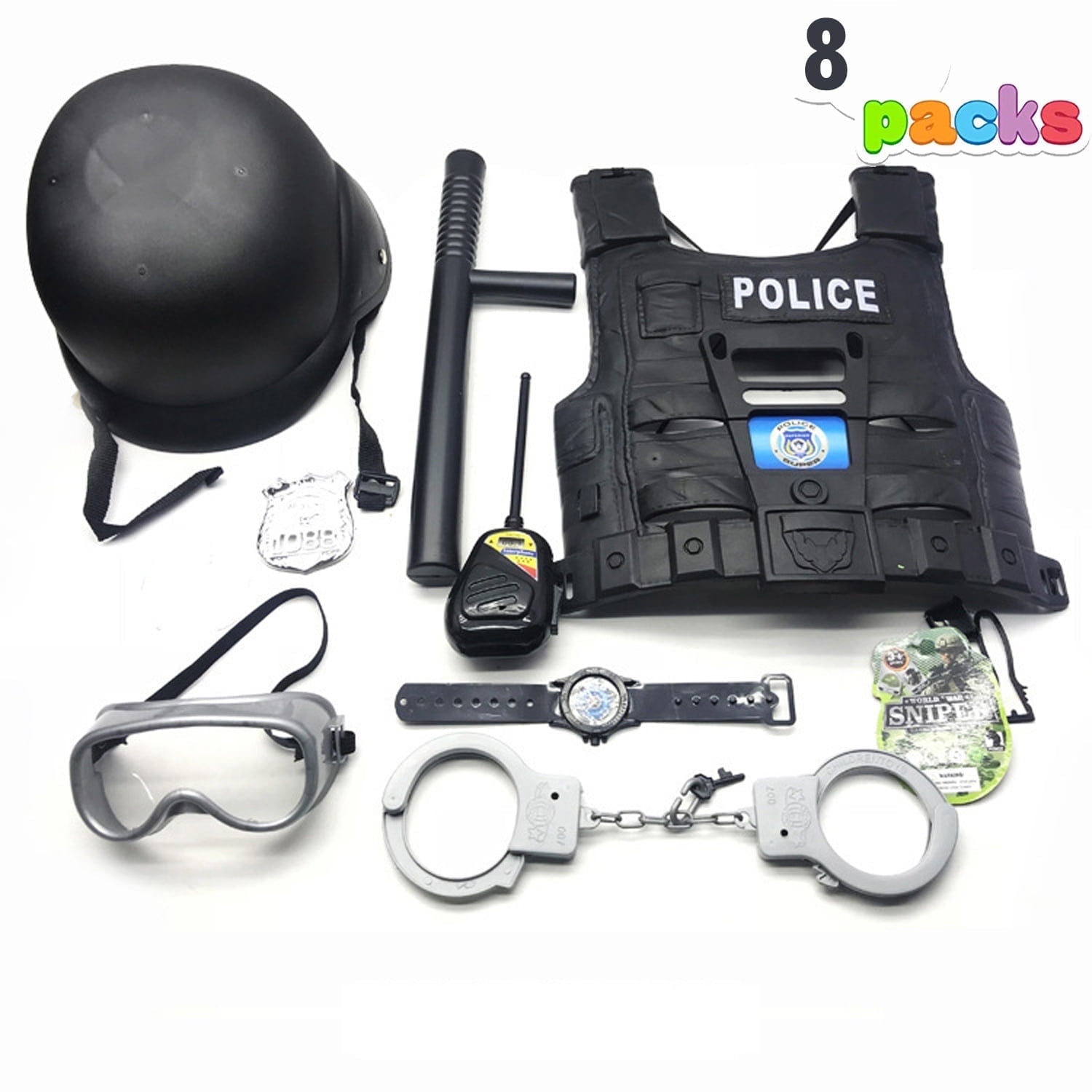 Cop Role Play Dress-Up Set (8Pcs Black) - Pretend Police Officer Outfit For Ages 3+ Kids, Toddlers Birthday Christmas Present