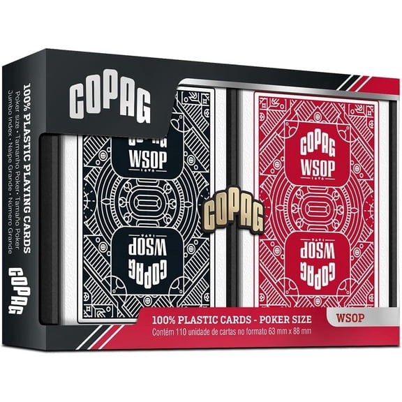 Copag WSOP 2024 Traditional Design 100% Plastic Playing Cards - Narrow Size (Bridge) Regular Index Black/Red Double Deck Set