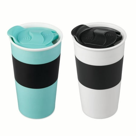 Copco 2 Pack Set Ceramic Desk 10 Fluid Ounce Mugs, Blue and White