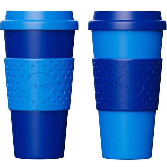 Copco Acadia 16oz Travel Mug with Lid, Set of 2 Double Wall Insulated Tumbler, Non-Slip Sleeve and BPA-Free - Microwave & Dishwasher Safe, Reusable Plastic To Go Travel Coffee Mug (Navy/Blue)