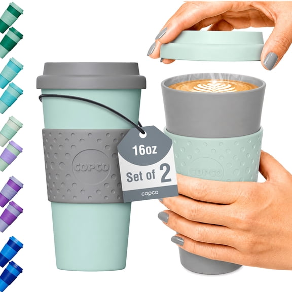 Copco Acadia Set of 2 Travel Mugs - 16oz Double Wall Insulated, Aqua/Gray