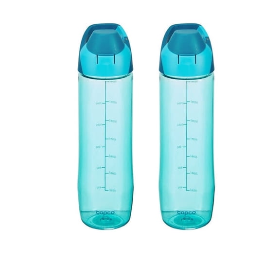 Copco ClipGo 24Oz Tritan Water Bottle, Set of 2 Teal Reusable Drink Containers with Graduation Markings, Clip Handle & Carry Loop, BPA Free & Comfortable to Carry, Cup Holder Friendly