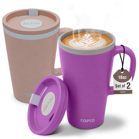 Copco Cone 16oz Desk Mug, Set of 2 – Double Wall Insulated Coffee Mugs with Twist Lid & Handle, Leak-Resistant BPA-Free Drinkware for Hot & Cold Beverages, Everyday Easy Use (Purple/Brown)