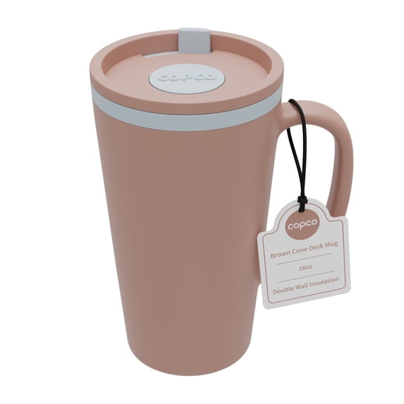 Copco Cone Desk Mug, 16 Ounce - Double Wall Insulated Travel-Friendly Mug with Lid and Handle, Microwave & Dishwasher Safe, BPA-Free Mug, Desk-Friendly & Car Cup Holder Compatible (Brown)