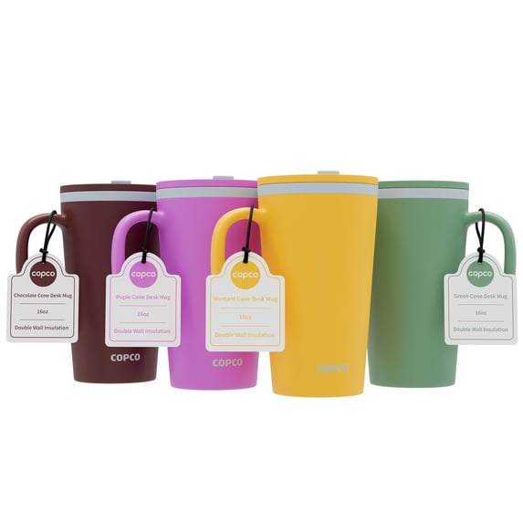 Copco Cone Desk Mug, 16 Ounce (Set of 4) - Double Wall Insulated Mug Set with Lid and Handle, Microwave & Dishwasher Safe, BPA-Free Mug, Desk-Friendly & Car Cup Holder Compatible (Assorted Colors)
