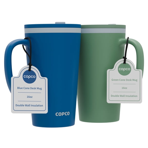Copco Cone Travel Coffee Mug, 16 oz (Set of 2) - Insulated Drinkware with Spill-Proof Lid and Handle, Microwave & Dishwasher Safe - BPA-Free, Compact for Desk & Cup Holder Friendly (Blue/Green)