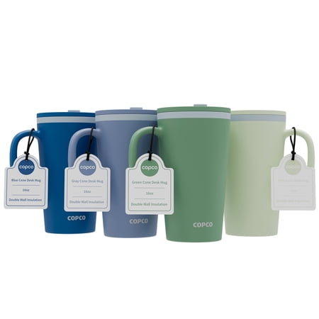 Copco Cone Travel Coffee Mug, 16 oz (Set of 4) - Insulated Drinkware with Spill-Proof Lid and Handle, Microwave & Dishwasher Safe - BPA-Free, Compact for Desk & Cup Holder Friendly (Assorted Colors)