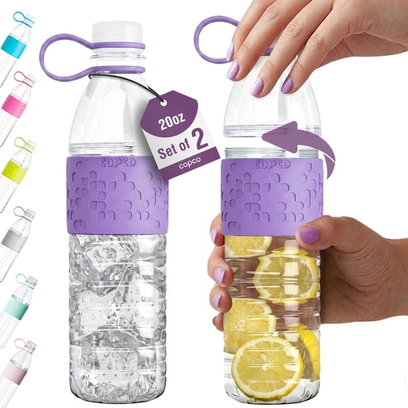 Copco Hydra Water Bottle, Set of 2 - 20 oz, Leak-Proof Lid & Textured Grip - BPA-Free, Dishwasher Safe, Easy Twist-Open for Ice & Fruit - Fits Cup Holders, Lightweight, Durable (Purple)