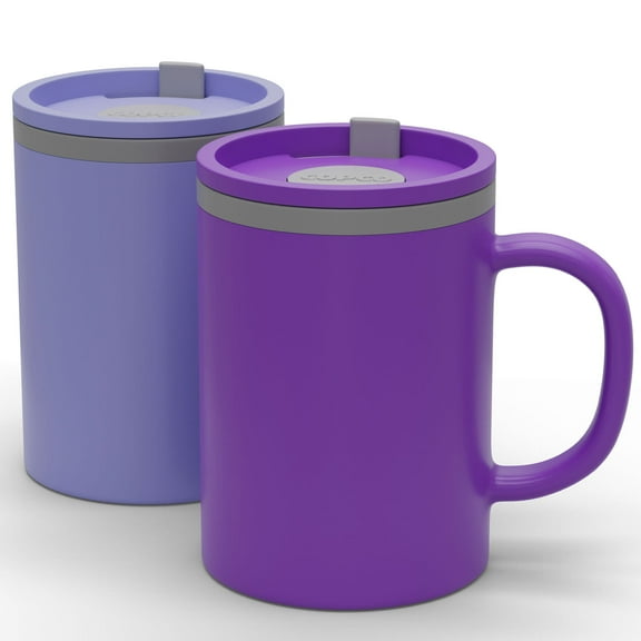 Copco Iconic 16oz Double Wall Insulated Desk Mug with Lid & Handle, Set of 2, BPA-Free Reusable Plastic, Spill-Proof, Microwave & Dishwasher Safe, Wide Mouth, Cup Holder Friendly (Purple/Light Purple)
