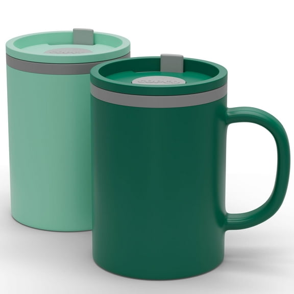 Copco Iconic 16oz Double Wall Insulated Desk Mug with Lid & Handle, Set of 2, BPA-Free Reusable Plastic, Spill-Proof, Microwave & Dishwasher Safe, Wide Mouth, Cup Holder Friendly (Green/Hunter Green)