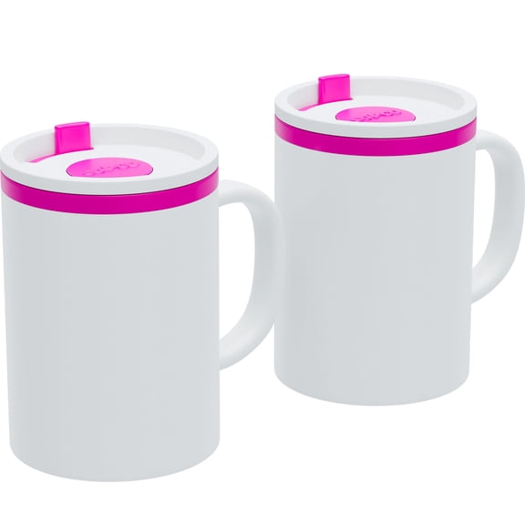 Copco Iconic 16oz Double Wall Insulated Desk Mug with Lid and Handle, Set of 2, BPA-Free Reusable Plastic, Spill-Proof, Microwave & Dishwasher Safe, Wide Mouth, Cup Holder Friendly (Pink)