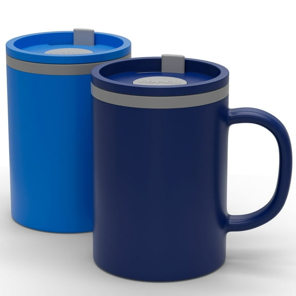 Copco Iconic 16oz Double Wall Insulated Desk Mug with Lid and Handle, Set of 2, BPA-Free Reusable Plastic, Spill-Proof, Microwave & Dishwasher Safe, Wide Mouth, Cup Holder Friendly (Navy/Blue)