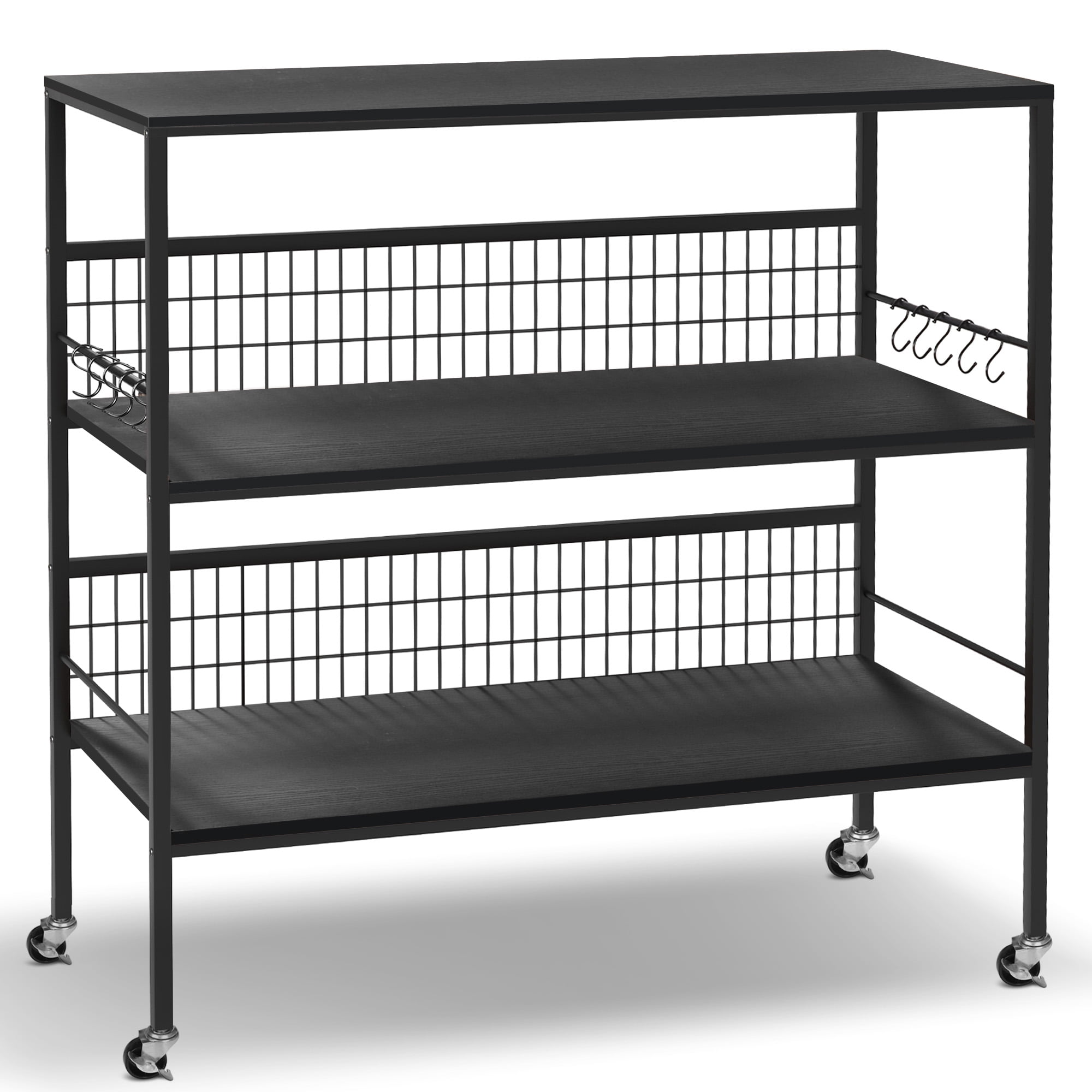 40" Rolling Kitchen Cart Island with Wheels and Storage Shelves, Copedvic 3-Tier Kitchen Bakers Rack Microwave Cart Oven Stand with 10 Hooks, Black