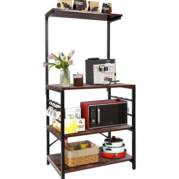 Copedvic Kitchen Bakers Rack Storage Cabinets Microwave Cart Oven Stand Coffee Bar with 6 Hooks 4 Tier Shelves
