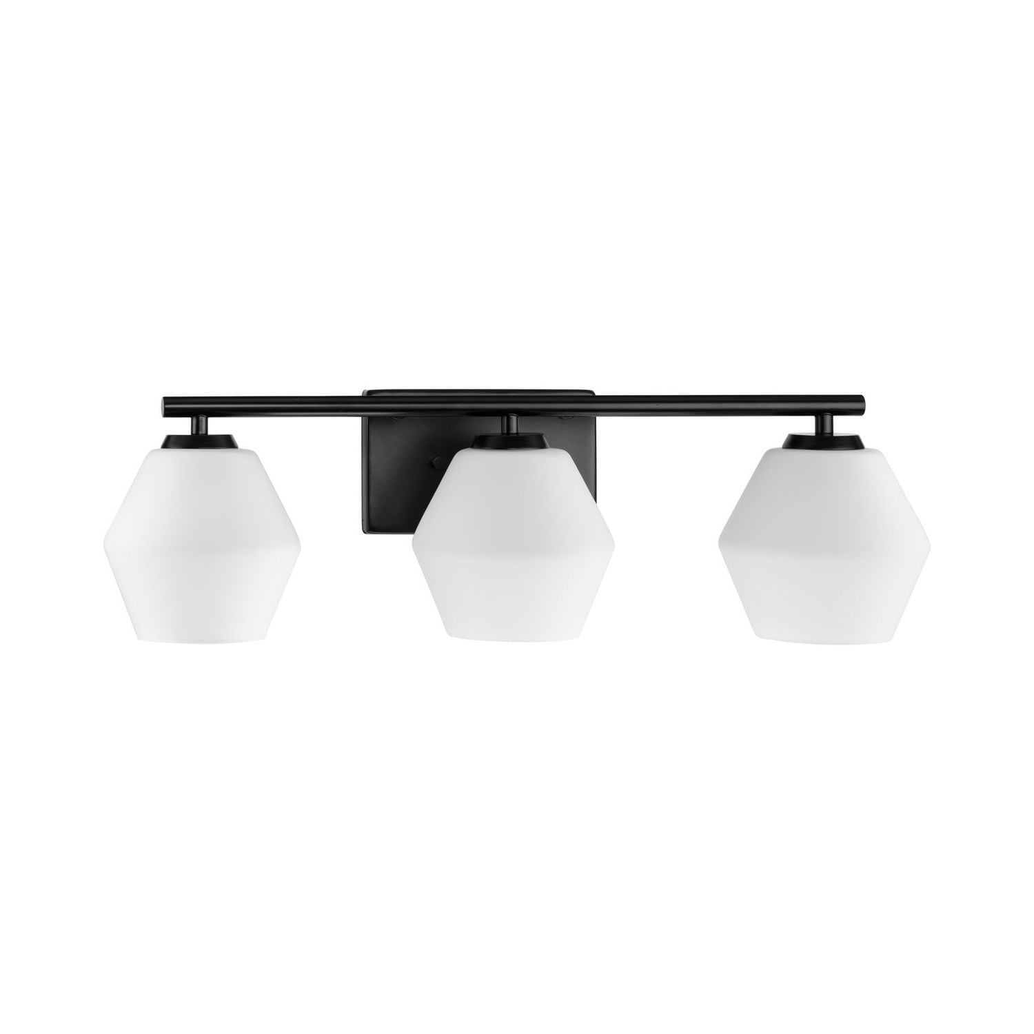 Matte Black Three-Light Geometric Vanity Light with Opal Glass Shades