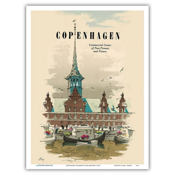 Copenhagen Denmark - Commercial Center of Past Present & Future - Old Stock Exchange Building - Vintage Travel Poster by Des Asmussen c.1957 - Master Art Print (Unframed) 9in x 12in
