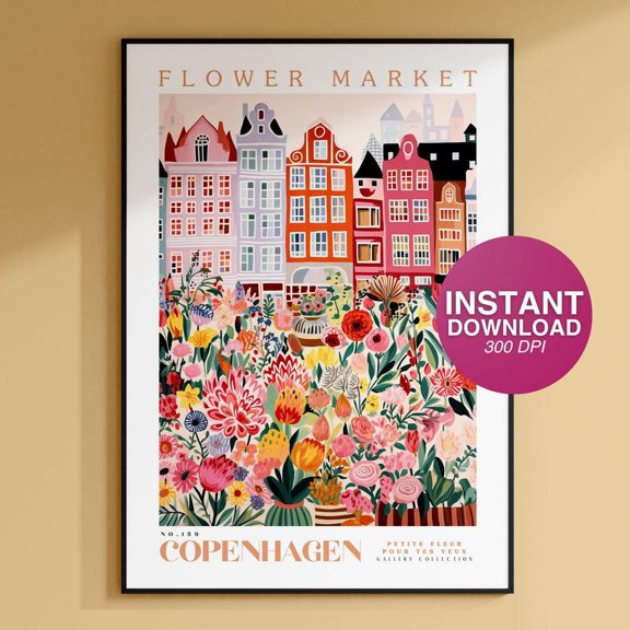 Copenhagen Flower Market Print Instant Botanical Wall Art Blue Art Copenhagen City Poster Denmark Travel Art Digital Print