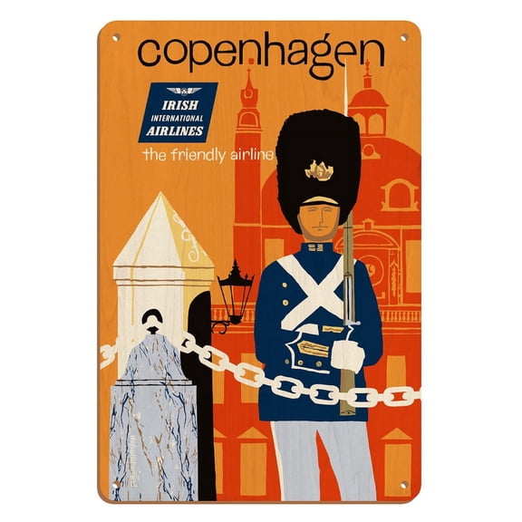 Copenhagen - Irish International Airlines - The Friendly Airline - Vintage Airline Travel Poster by Dick Negus & Philip Sharland c.1960s - 8 x 12 inch Vintage Wood Art Sign