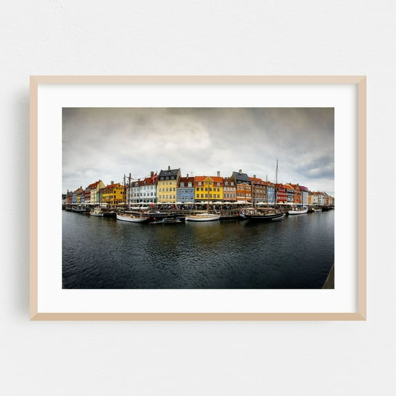 Copenhagen Nyhavn District Panorama - Indre By Denmark Photography Harbor Cityscape Boat Travel Poster Scenic Architecture Seaside Oak Framed Wall Art Print 12 x 18 inches
