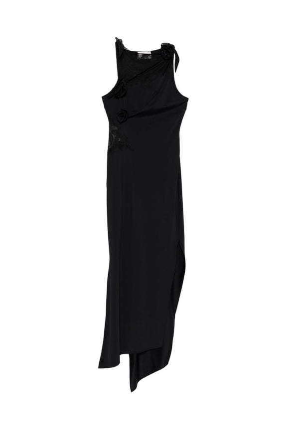 Asymmetric Black Midi Dress With Lace Inserts (Women's)