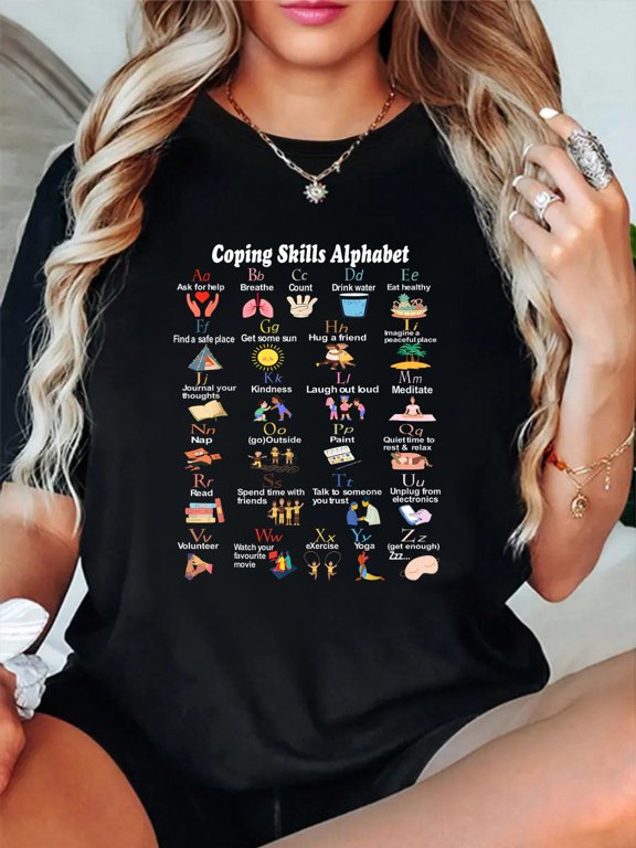 Coping Skills Alphabet Mental Health Awareness Women T-Shirt Graphic Tee summer Tops For Women Round Neck Fashion Cotton shirts