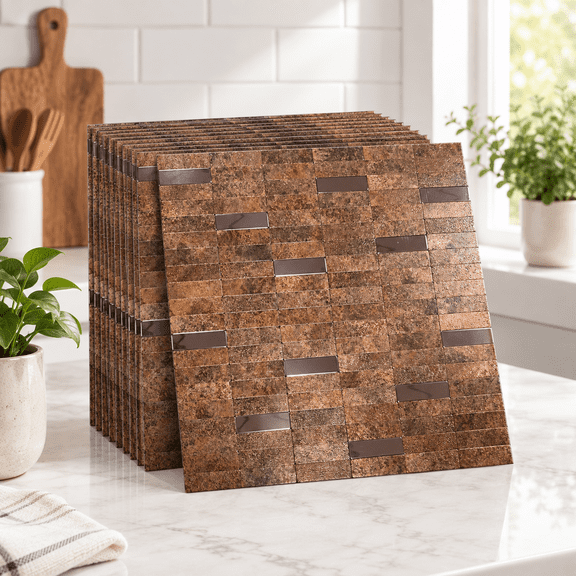 Copper 10 Peel and Stick Self-Adhesive Aluminum Mosaic Wall Tiles for Kitchen and Decor