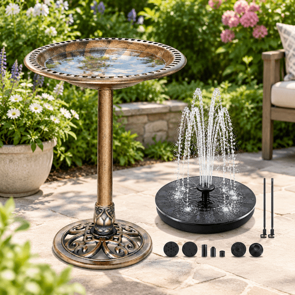 Copper 20in Outdoor Bird Bath With Solar Fountain For Garden Yard