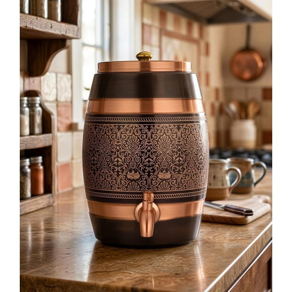 Copper 5 Liter Embossed Black Printed Design Ayurvedic Water Dispenser