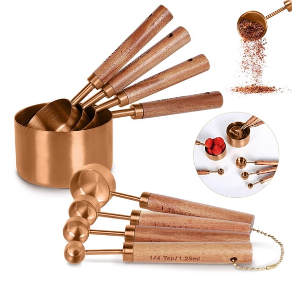 Copper 8 Piece Measuring Cups and Spoons Set for Cooking Baking