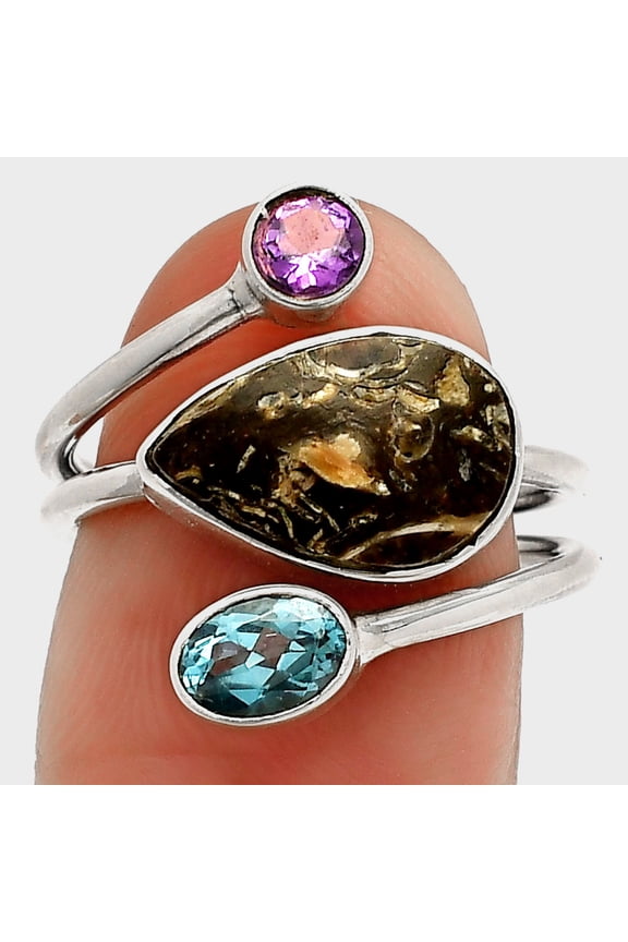 Copper Abalone Shell, Sky Blue Topaz & Amethyst 925 Silver Ring s.7 R-1209 SDR232084