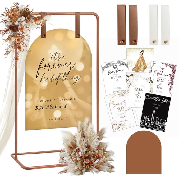 Copper Adjustable Heavy Duty Iron Sign Holder with Leather Straps for Wedding Seating Chart Display