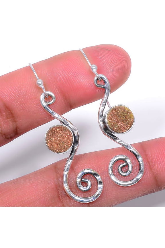 Copper Agate Drusy Gemstone 925 Sterling Silver Israeli Earring 1.95" A317, Handmade Jewelry, Dangle Earring