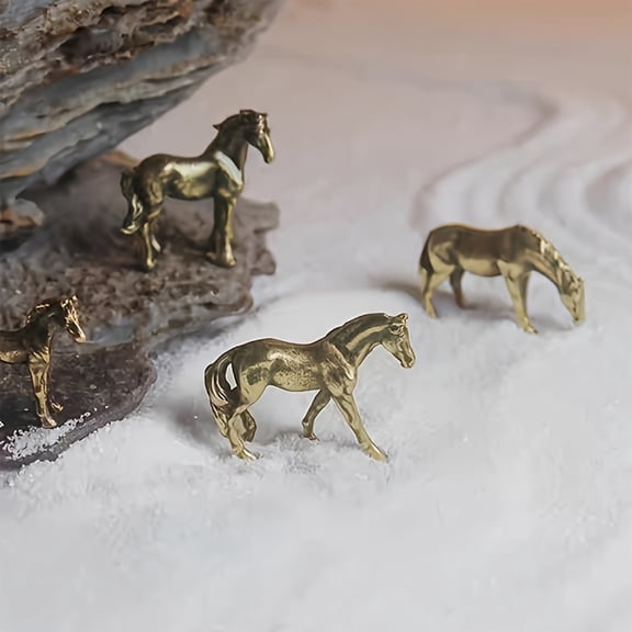Copper Alloy Horse Statue Miniature Sculpture Style C, Golden Animal Micro Carved Decor for Home and Office, Feng Shui Ornament