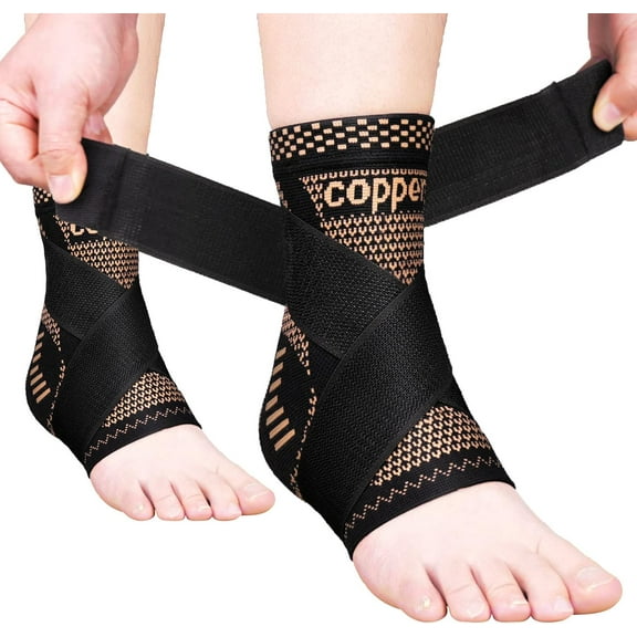 Copper Ankle Brace Adjustable Compression Sleeve (Pair)-Ankle Support Heel Brace for Achilles Tendonitis, Plantar Fasciitis-Eases Swelling and Sprained Ankle(Large)